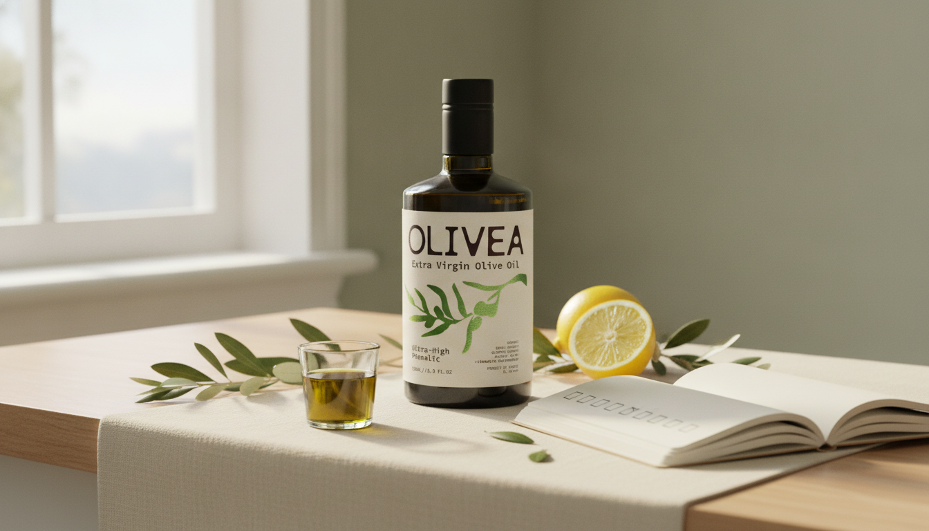 A bottle of Olivea high-polyphenol extra virgin olive oil beside a small glass of oil, a halved lemon, olive branches, and an open notebook with seven checkboxes on a sunlit kitchen counter