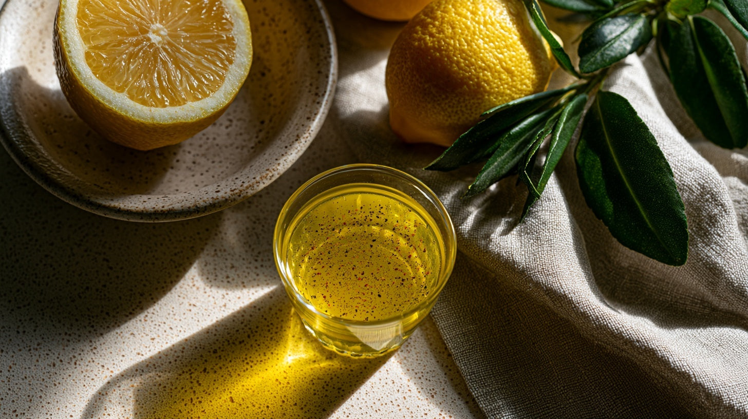 Olive oil and lemon juice shot in a glass, the viral morning wellness ritual