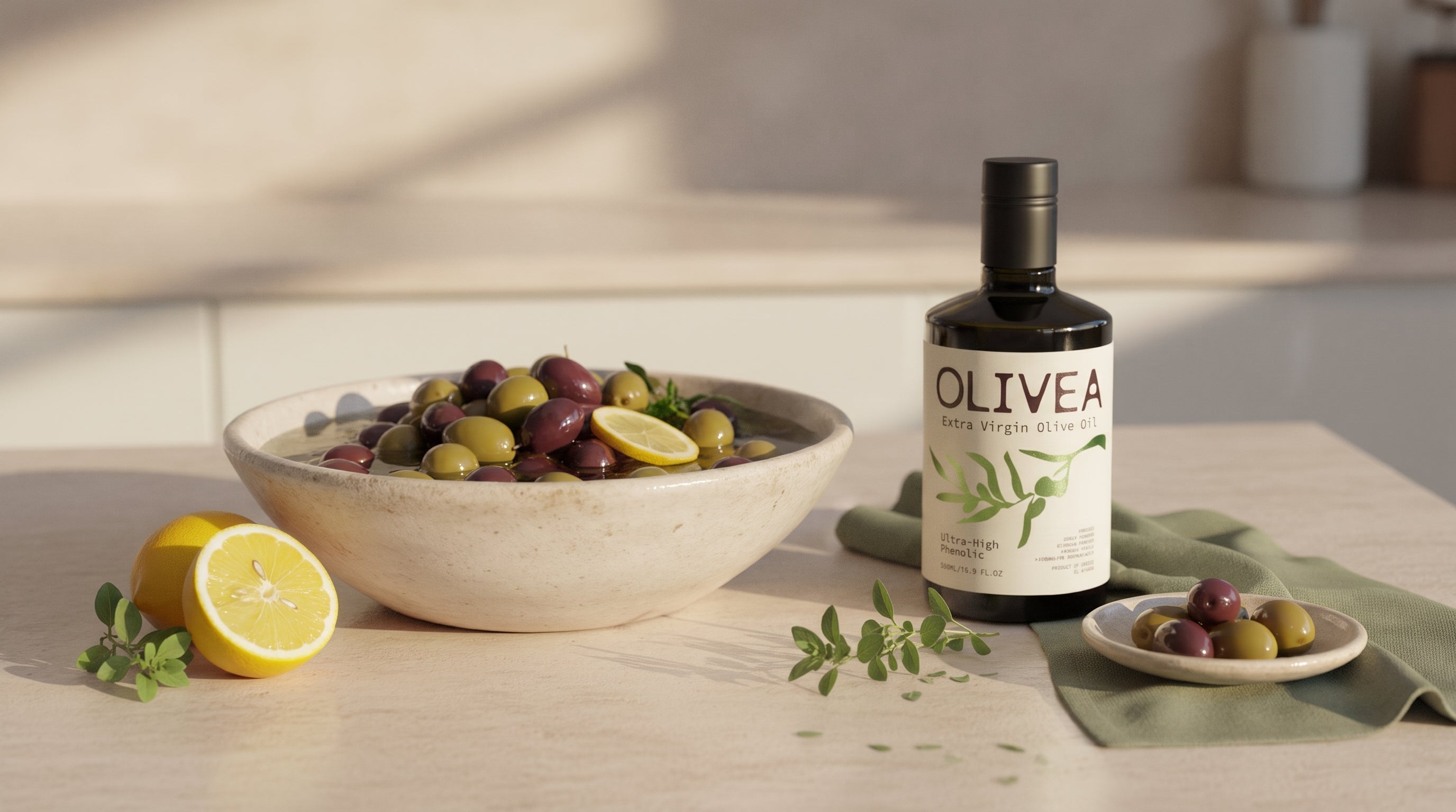 A ceramic bowl of green and purple table olives in brine on a limestone counter beside a bottle of Olivea extra virgin olive oil, with lemon and fresh oregano