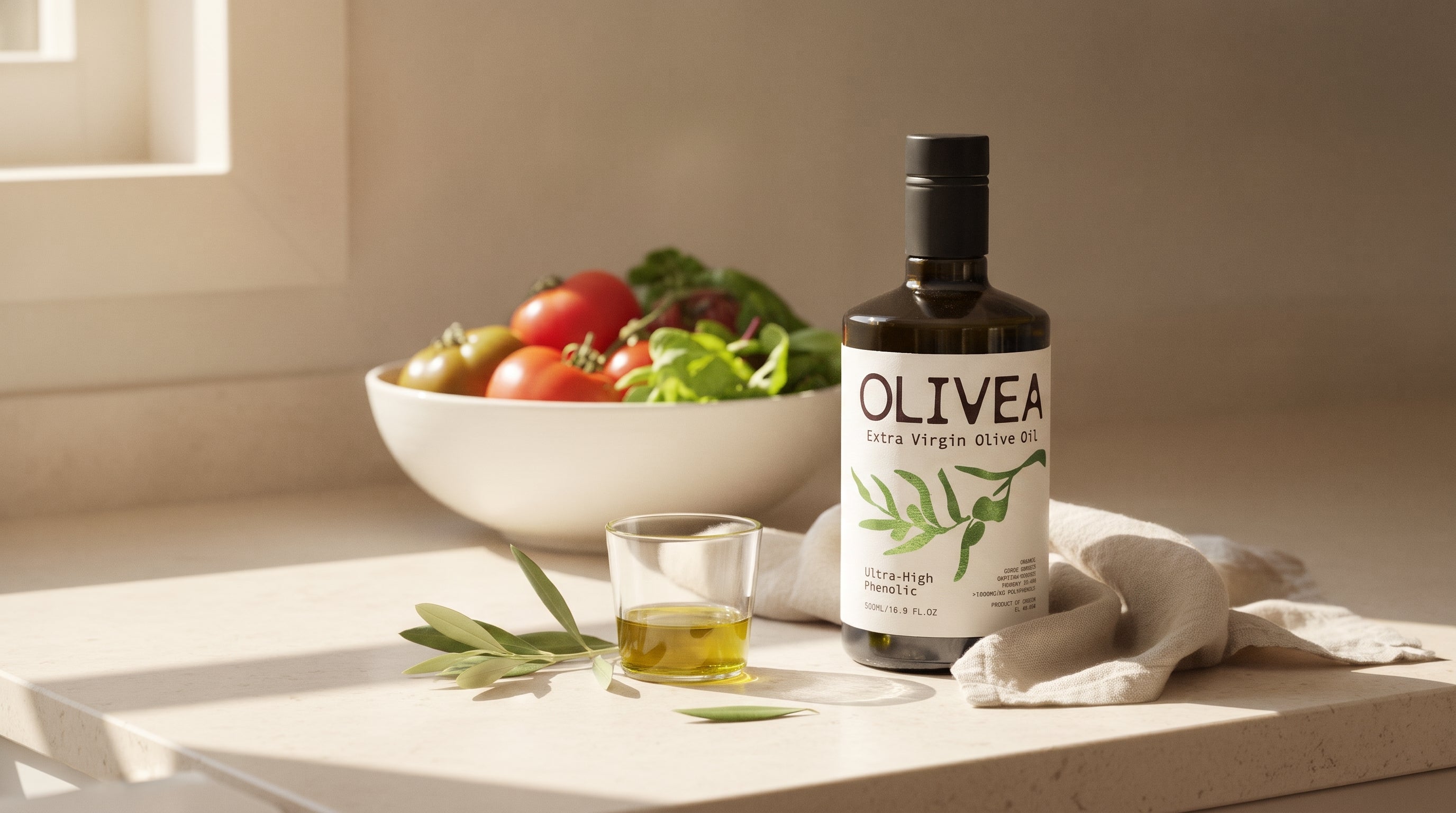 A bottle of Olivea Ultra High Phenolic extra virgin olive oil on a limestone counter beside a small glass of green-gold oil, olive leaves and a bowl of tomatoes and greens in warm morning light