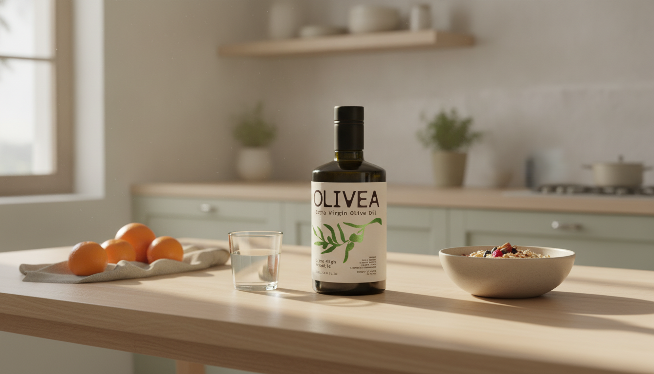 A bottle of Olivea extra virgin olive oil on a sunlit morning breakfast table with water, oranges, and oats