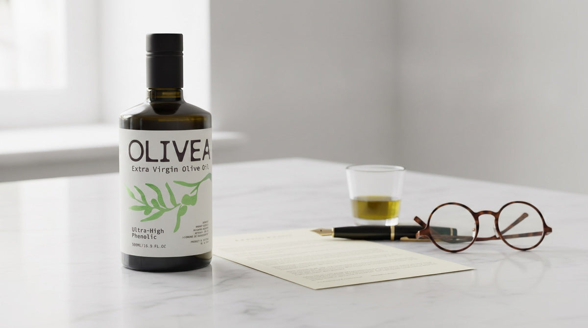 A bottle of Olivea Ultra High Phenolic extra virgin olive oil on a marble counter beside a printed laboratory certificate, a tasting glass of oil, a fountain pen and reading glasses