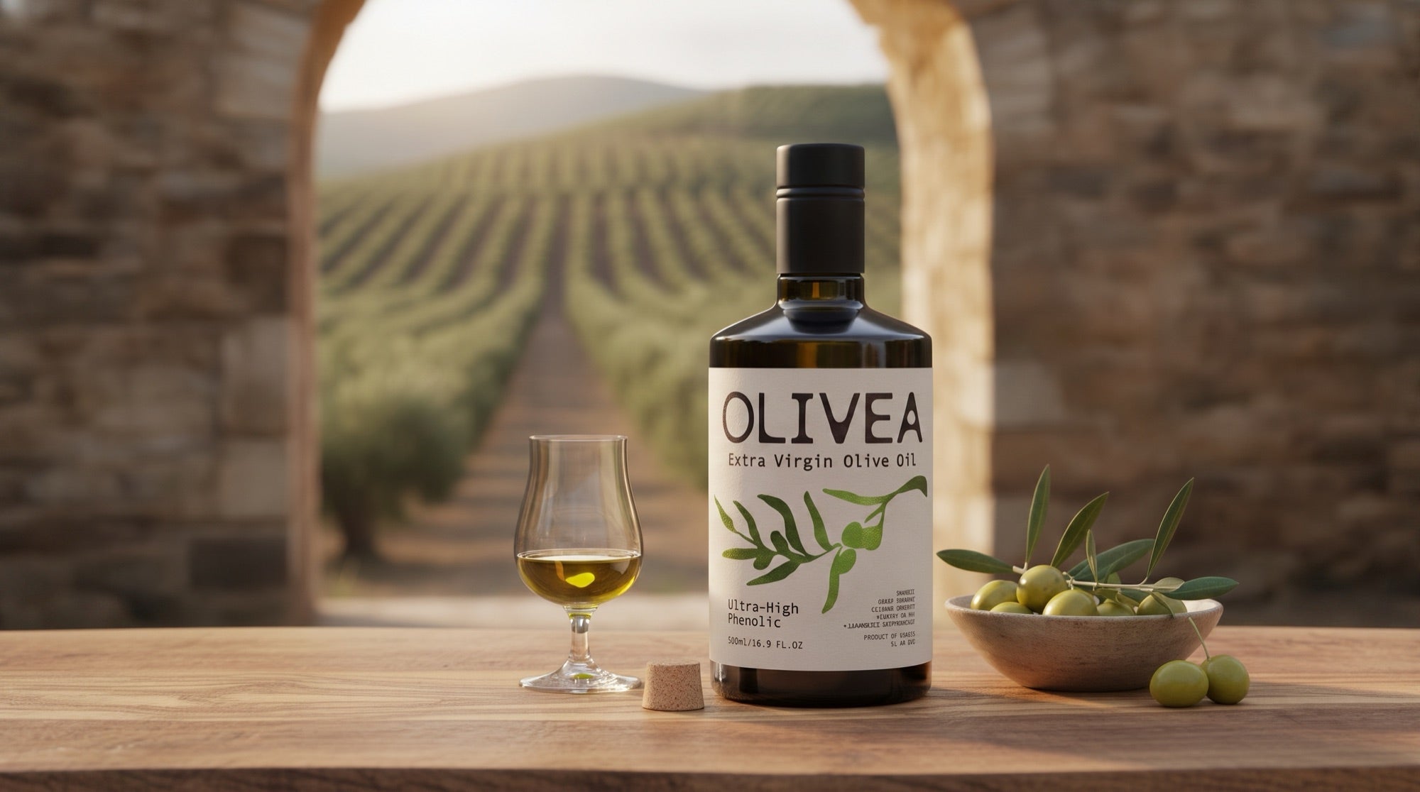 A bottle of Olivea Ultra High Phenolic extra virgin olive oil on an olive wood table beside a tasting glass and a bowl of freshly picked green olives, with a Greek olive grove out of focus through a stone archway