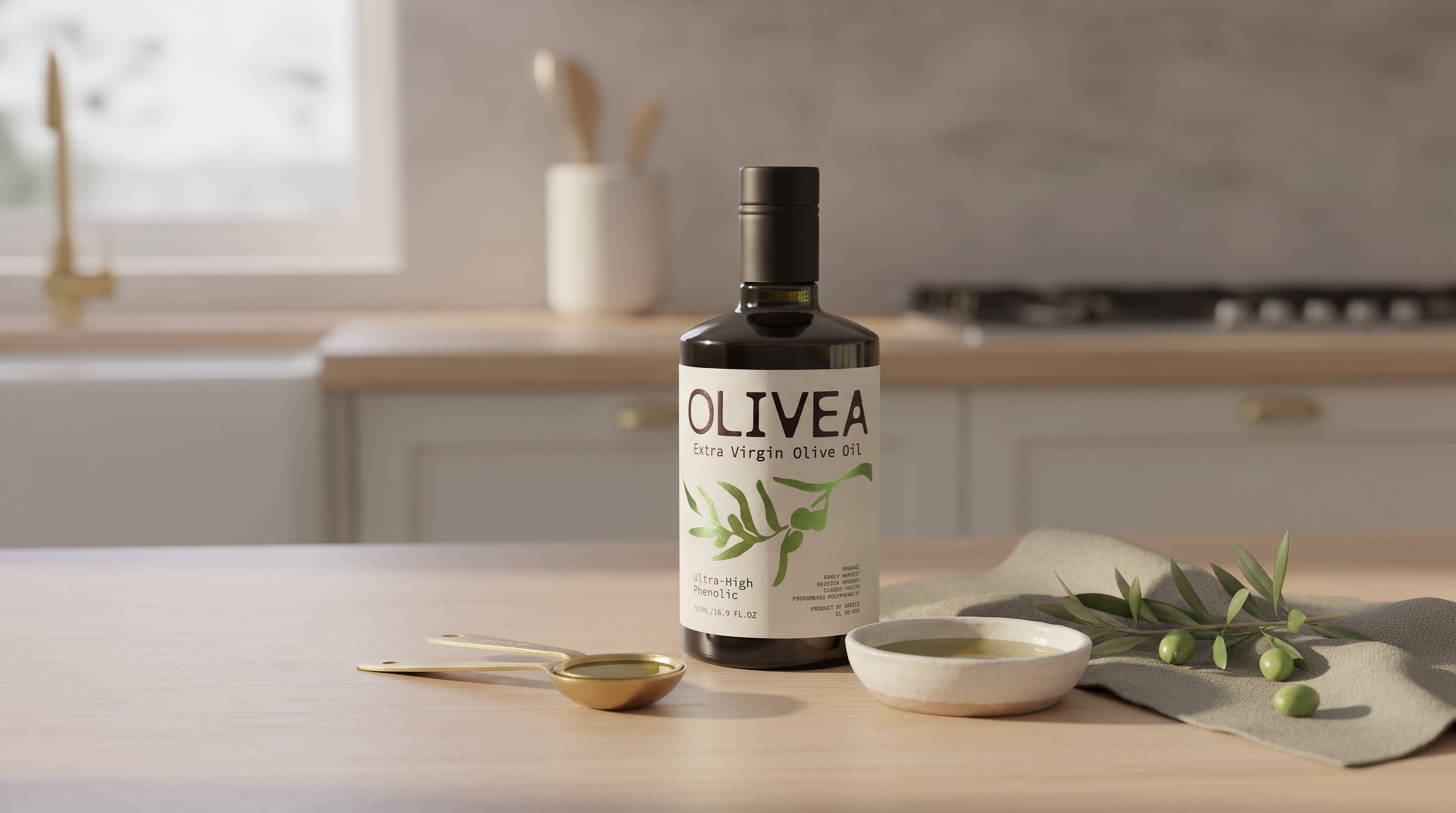 A bottle of Olivea Ultra High Phenolic extra virgin olive oil on a pale wooden kitchen counter in morning light, beside a brass measuring spoon filled with olive oil, a small ceramic dish of oil and an olive branch on a linen napkin