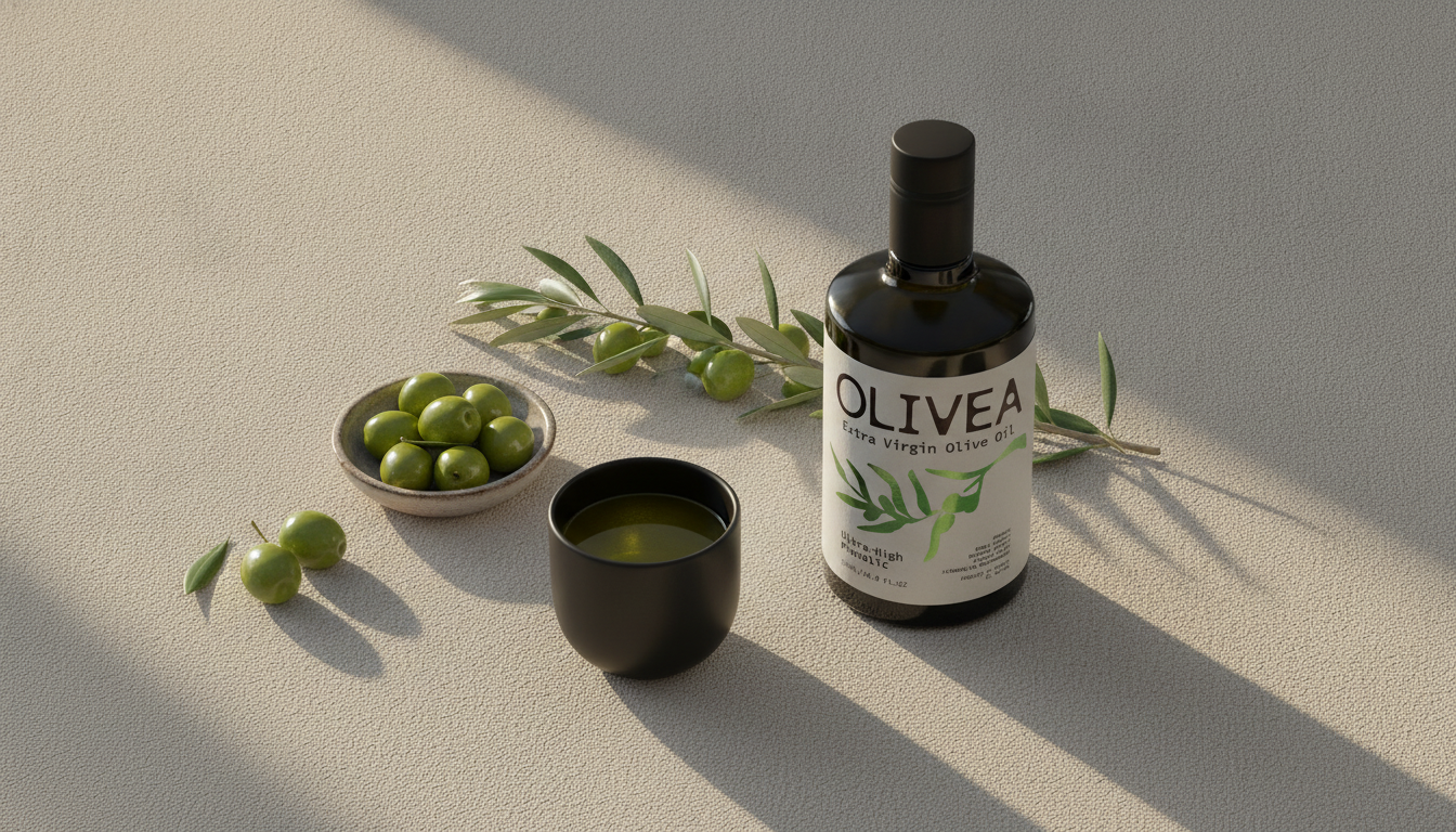 A tasting cup of fresh green-gold olive oil beside a bottle of Olivea extra virgin olive oil, a dish of green olives and an olive branch on pale linen