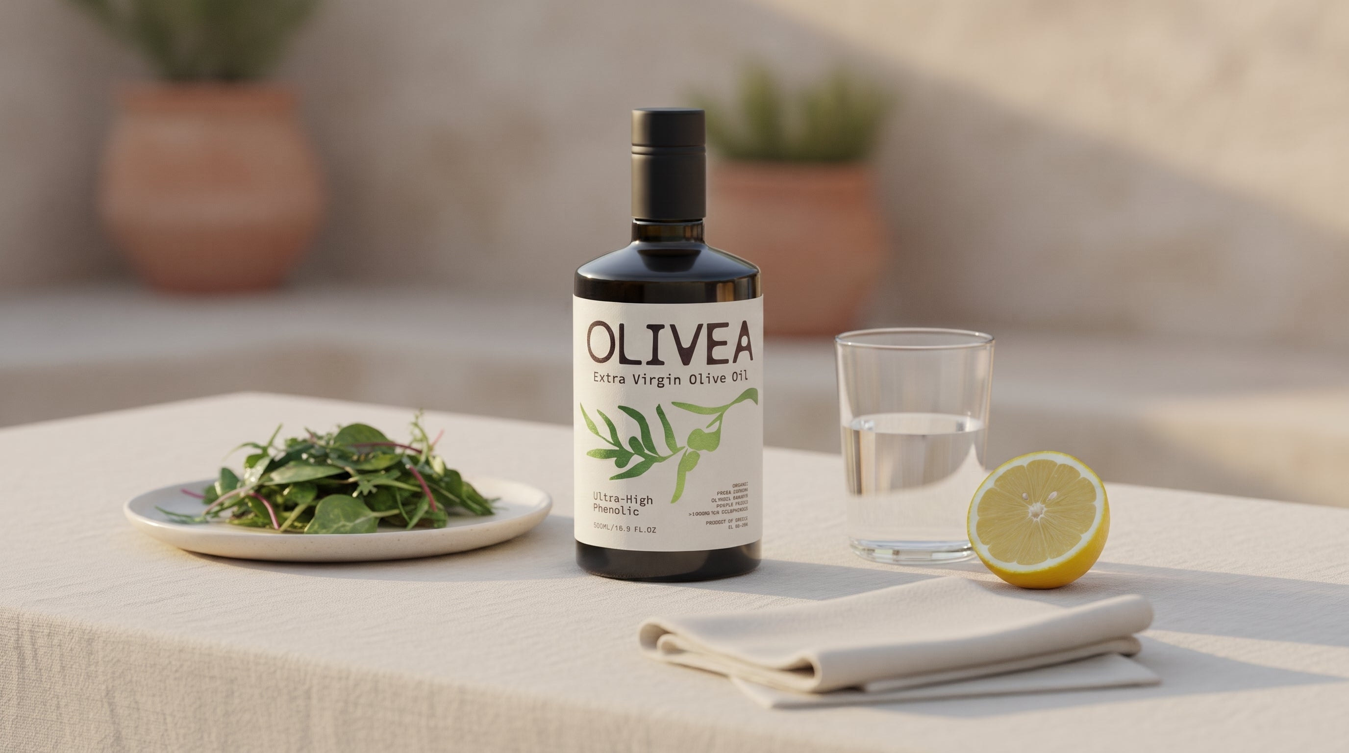A bottle of Olivea extra virgin olive oil on a linen table set for a light early evening meal, with dressed greens, water, and a lemon half