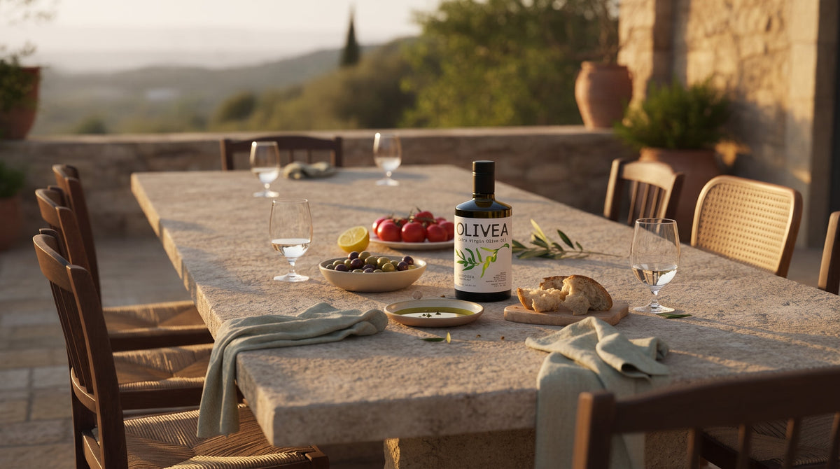 A bottle of Olivea extra virgin olive oil on a long limestone terrace table set for lunch, with olives, tomatoes, bread, a dish of oil and an olive branch in late afternoon light