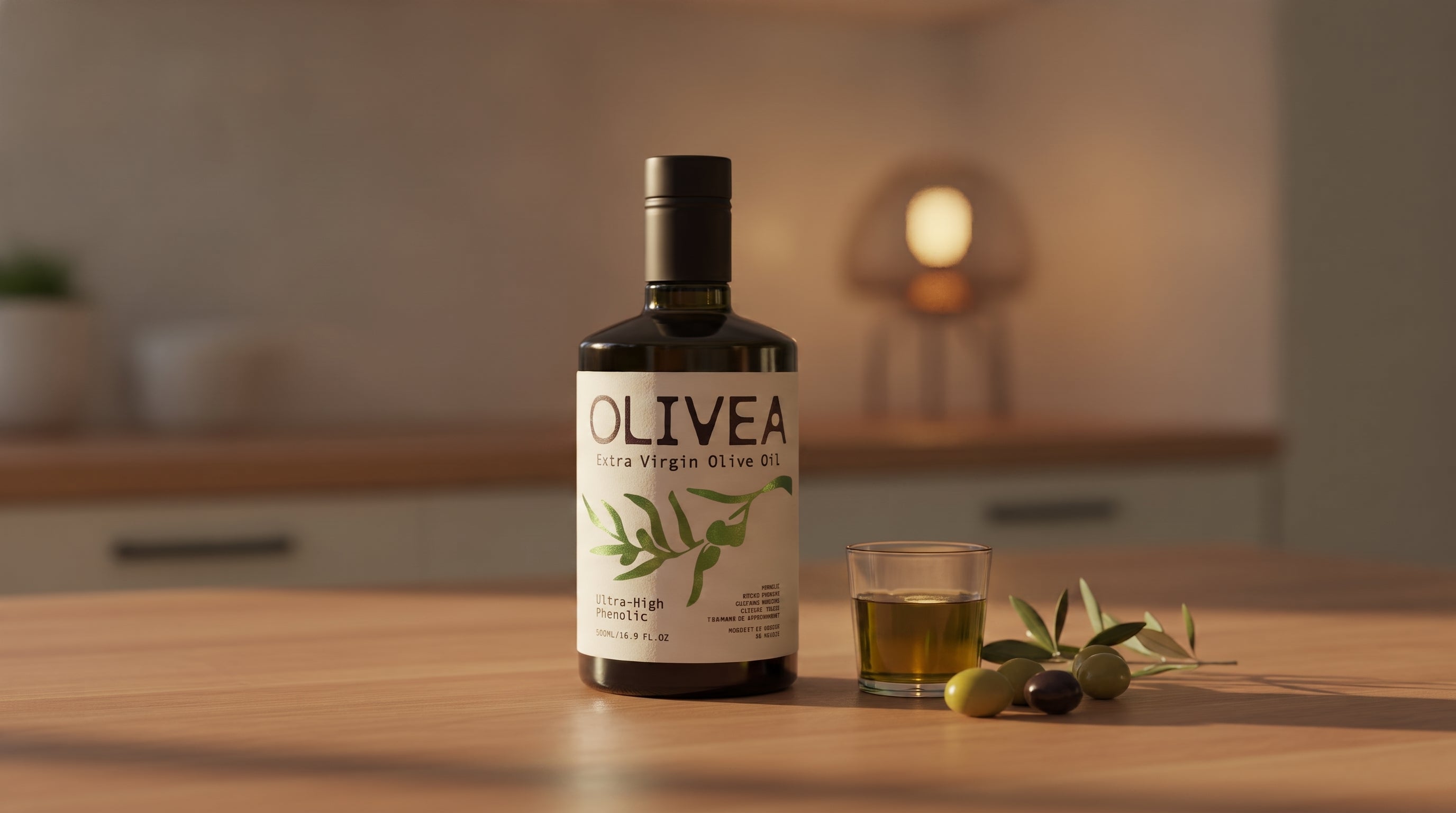 A bottle of Olivea high-polyphenol extra virgin olive oil with a small glass pour, olives, and an olive branch on a wooden counter in warm evening light