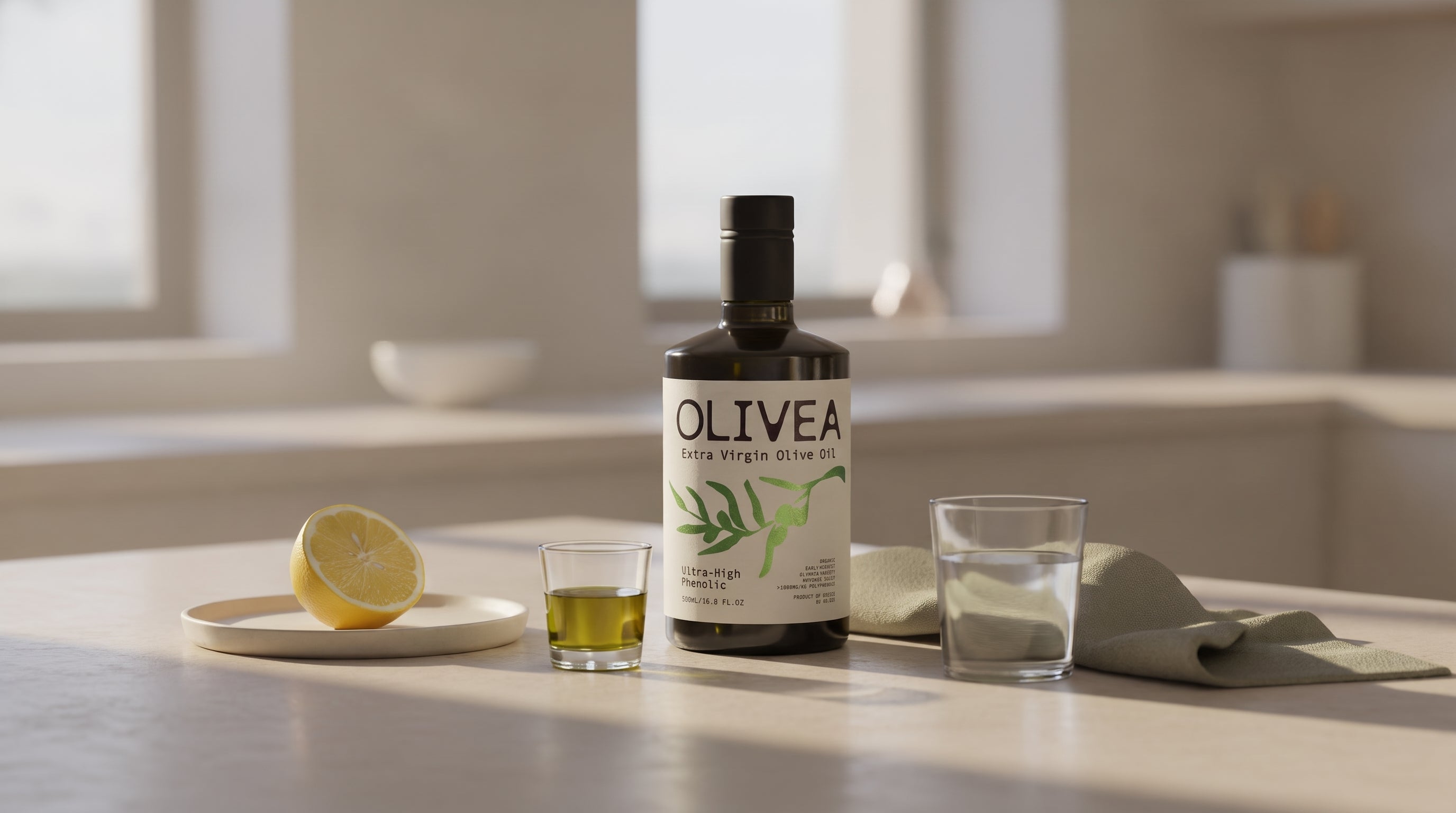A bottle of Olivea high-polyphenol extra virgin olive oil on a sunlit morning kitchen counter with a small shot glass of green-gold oil, a halved lemon and a glass of water