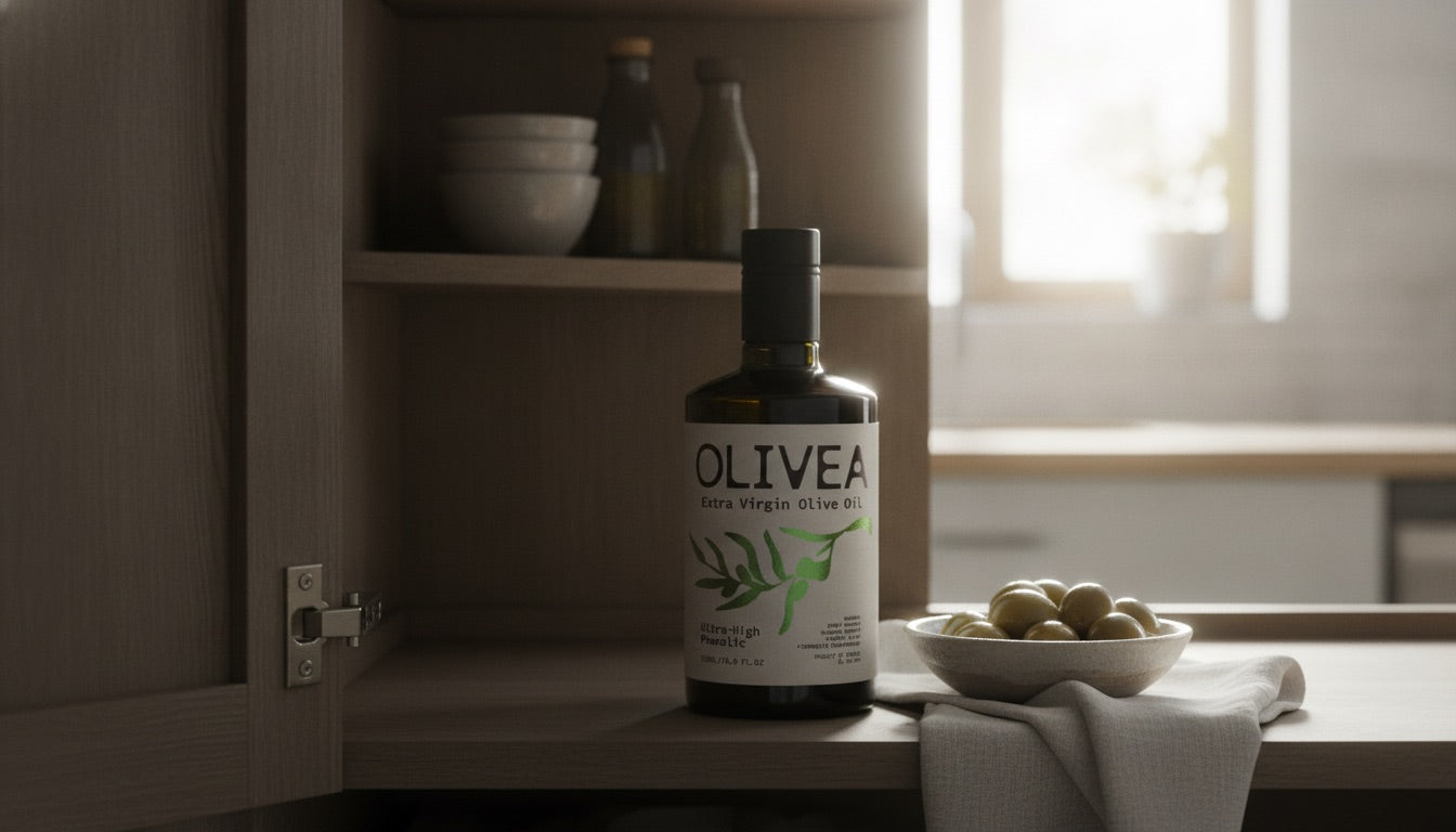 A dark glass bottle of Olivea Ultra High Phenolic extra virgin olive oil stored inside a cool, dim pantry cabinet, with a bright sunlit kitchen counter out of focus in the background