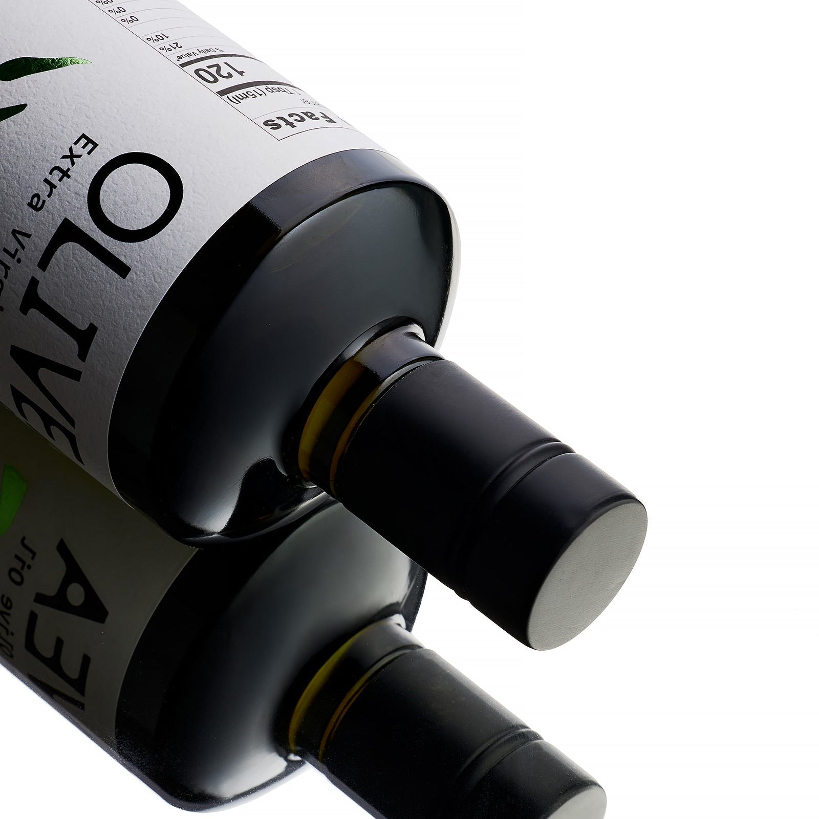 Olivea Ultra High Phenolic Extra Virgin Olive Oil bottles, top angle product shot