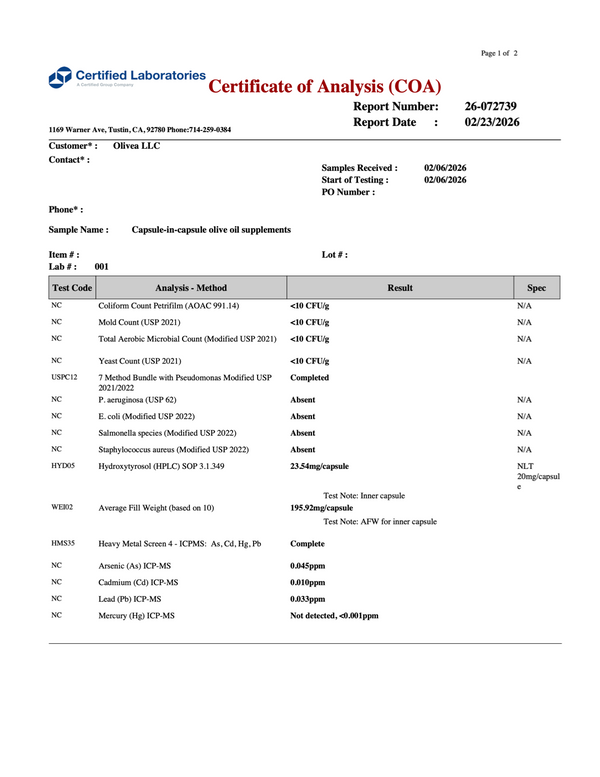 Certificate of analysis, Hydroxytyrosol capsule, 2026