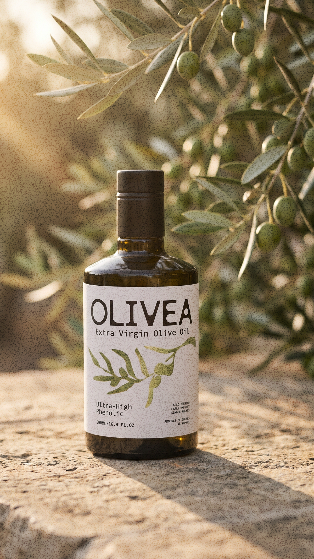 Olivea Ultra High Phenolic Extra Virgin Olive Oil in the olive grove at sunset