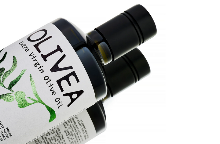 Olivea UHP EVOO bottles — label and cap detail
